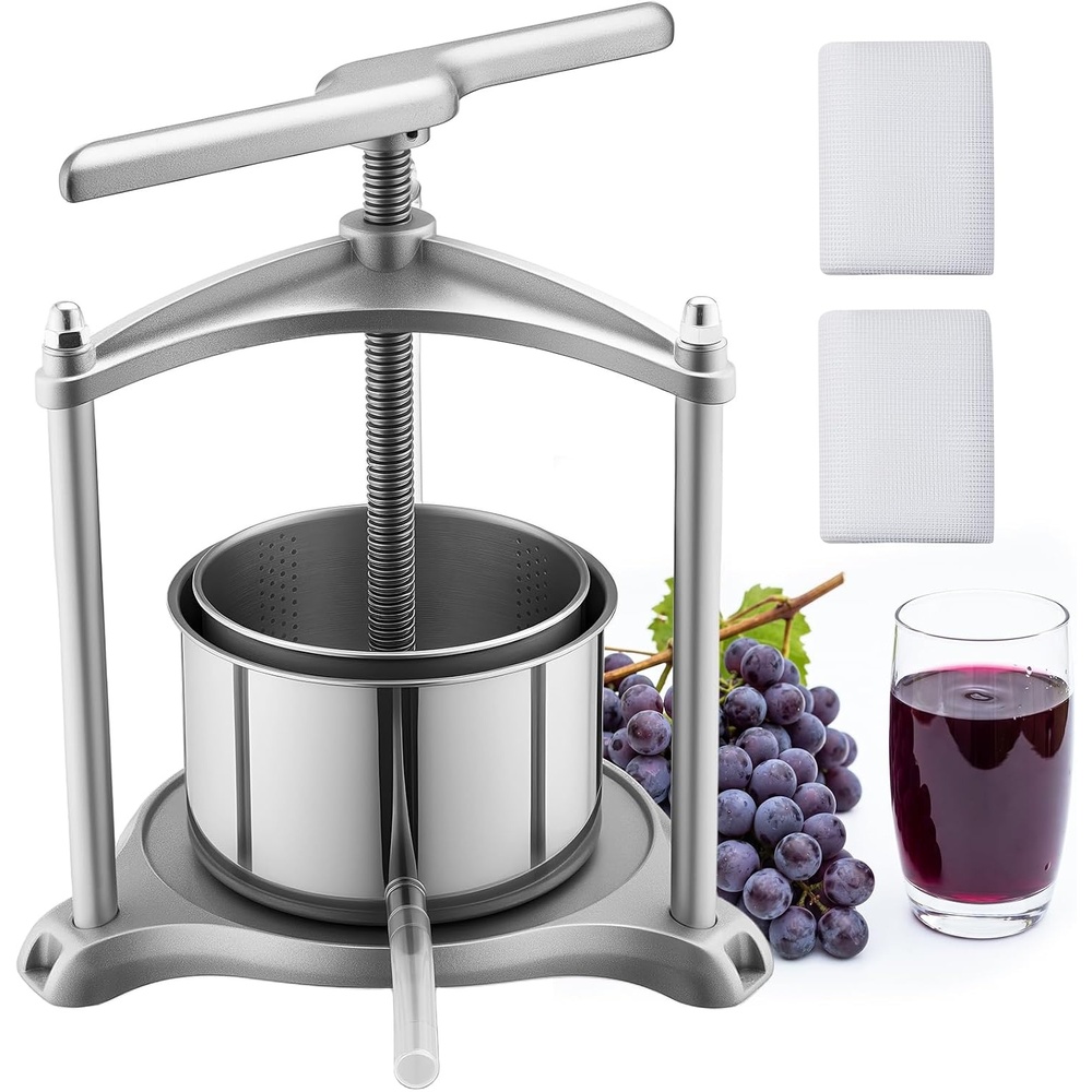image:imageVEVOR 044 Gal165L Fruit Wine Press 2 Stainless Steel Barrels Manual Juice Maker Cider Apple Grape Tincture Honey Olive Oil Making Press with THandle for Outdoor Kitchen HomeSilver