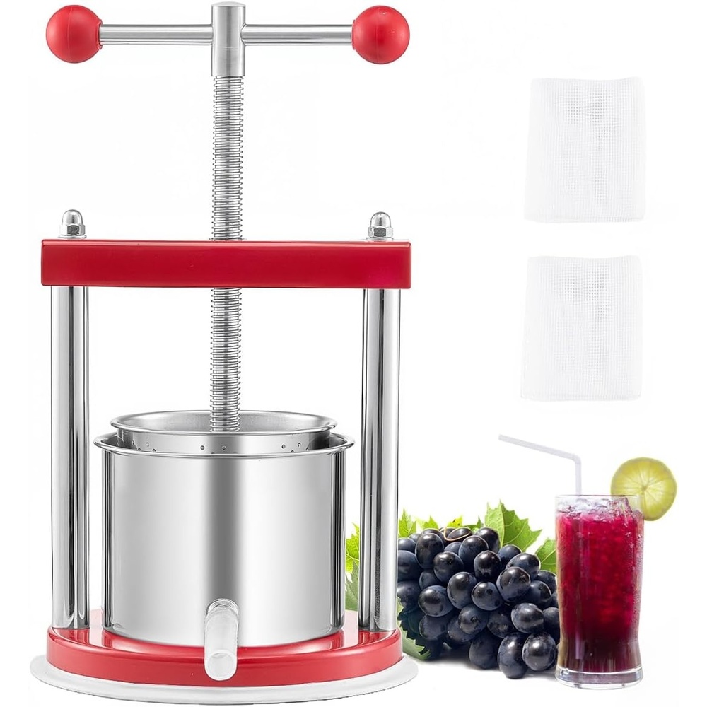image:imageVEVOR 044 Gal165L Fruit Wine Press 2 Stainless Steel Barrels Manual Juice Maker Cider Apple Grape Tincture Honey Olive Oil Making Press with THandle for Outdoor Kitchen HomeRed