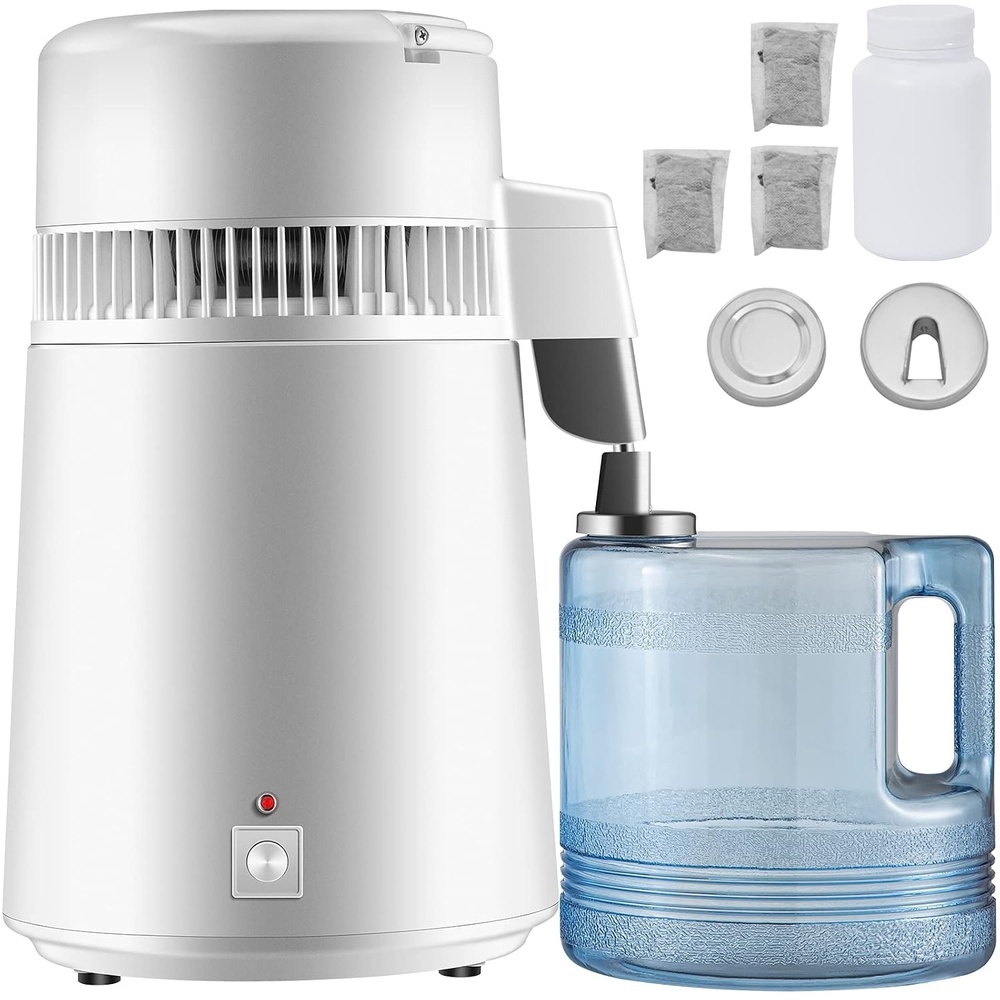 image:imageVEVOR 11Gal Water Distiller 04GalH Distilled Water Maker Machine 1750W 099H Timing Dual Temp Display 304 Stainless Steel Countertop Distiller Glass Carafe Cleaning Powder 3 Carbon Packs SilverWhite