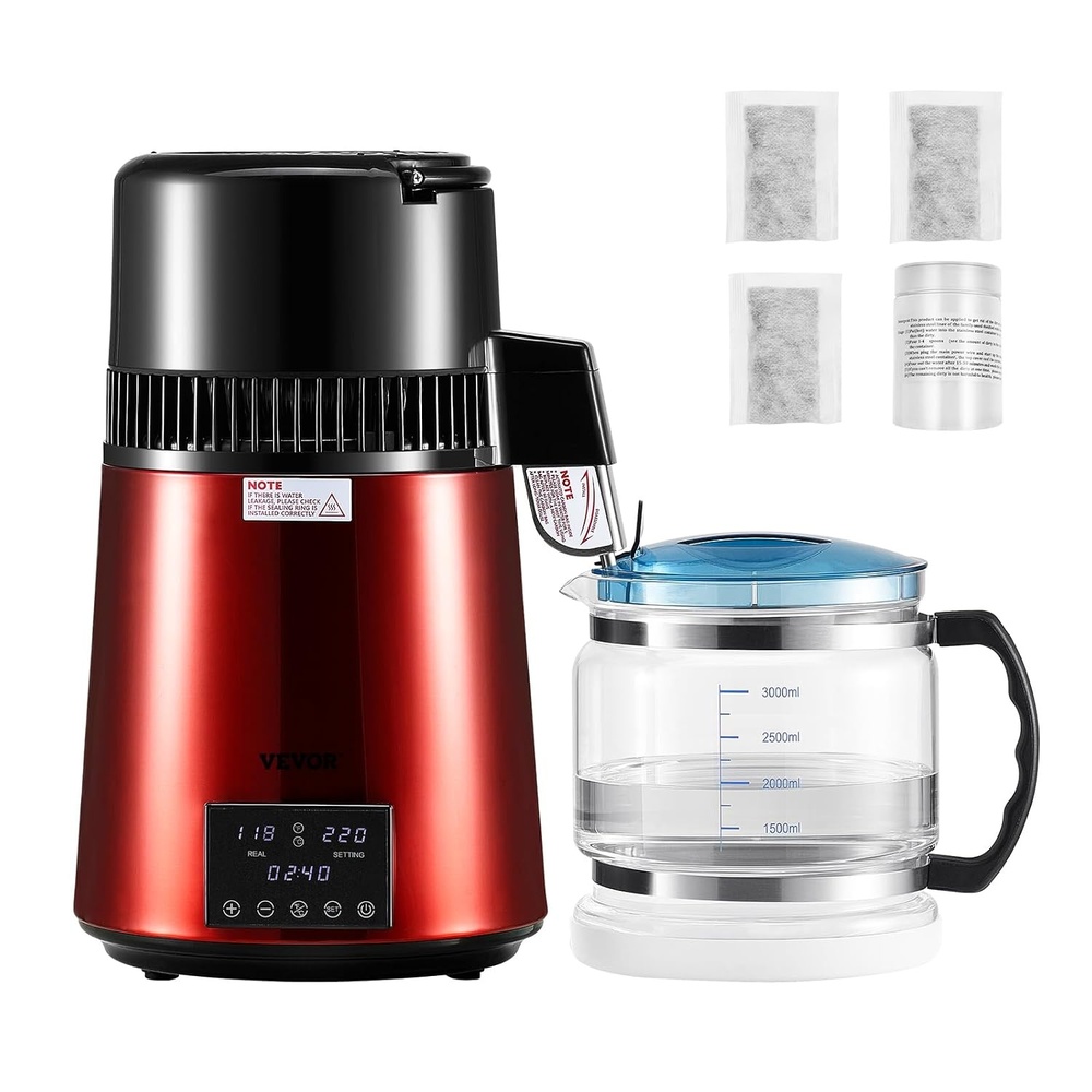 image:imageVEVOR 11Gal Water Distiller 04GalH Distilled Water Maker Machine 1750W 099H Timing Dual Temp Display 304 Stainless Steel Countertop Distiller Glass Carafe Cleaning Powder 3 Carbon Packs SilverRed