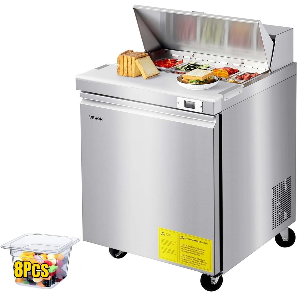 image:imageVEVOR 48W Commercial Refrigerator 125 Cu Ft Sandwich Prep Refrigerated Table Mega Top Food Prep Fridge with 18 Pans and Cutting Board Stainless Steel Salad Prep Cooler for Restaurant Food Truck28W with 8 Pans