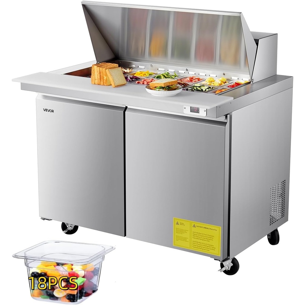 image:imageVEVOR 48W Commercial Refrigerator 125 Cu Ft Sandwich Prep Refrigerated Table Mega Top Food Prep Fridge with 18 Pans and Cutting Board Stainless Steel Salad Prep Cooler for Restaurant Food Truck48W with 18 Pans