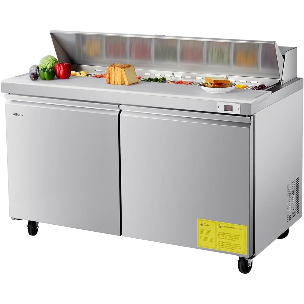 image:imageVEVOR 60 W Commercial Refrigerator 154 Cu Ft Sandwich Prep Refrigerated Table Mega Top Food Prep Fridge with 16 Pans Cutting Board Stainless Steel Salad Prep Cooler for Restaurant Food Truck60W with 16 Pans