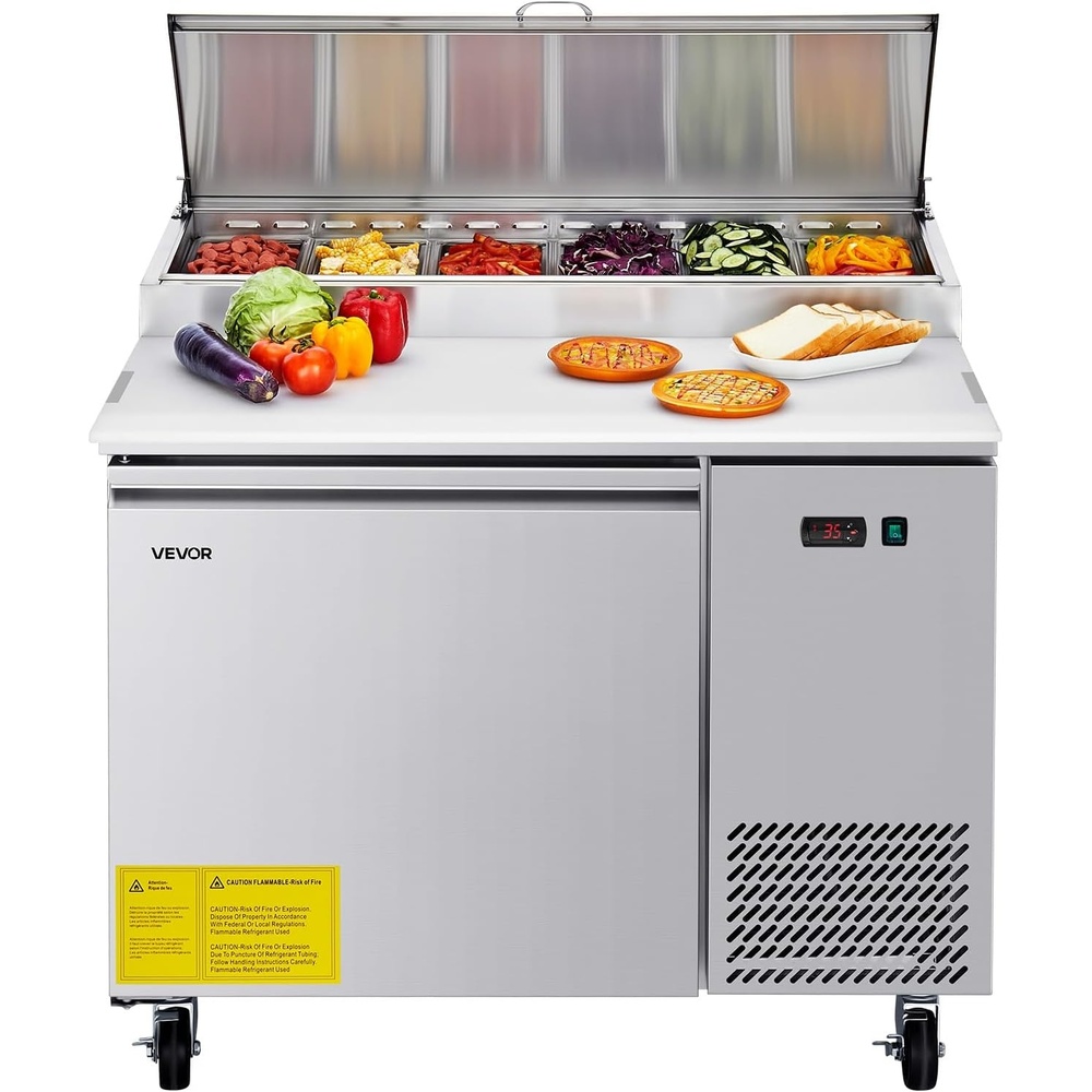 image:imageVEVOR 60 W Commercial Refrigerator 154 Cu Ft Sandwich Prep Refrigerated Table Mega Top Food Prep Fridge with 16 Pans Cutting Board Stainless Steel Salad Prep Cooler for Restaurant Food Truck44 Pizza Prep Refrigerator