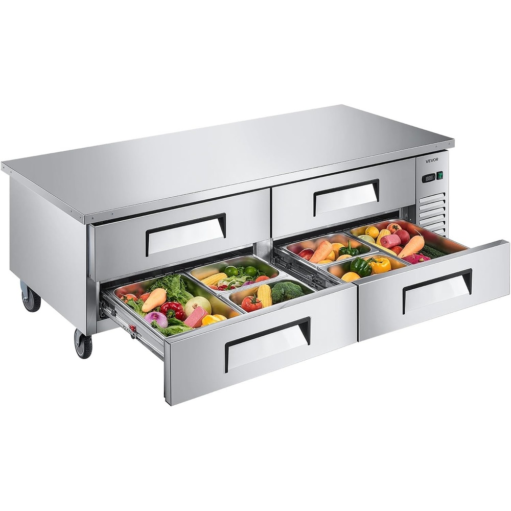 image:imageVEVOR 60 W Commercial Refrigerator 154 Cu Ft Sandwich Prep Refrigerated Table Mega Top Food Prep Fridge with 16 Pans Cutting Board Stainless Steel Salad Prep Cooler for Restaurant Food Truck72 W Chief Base With 4 Drawers Refrigerator