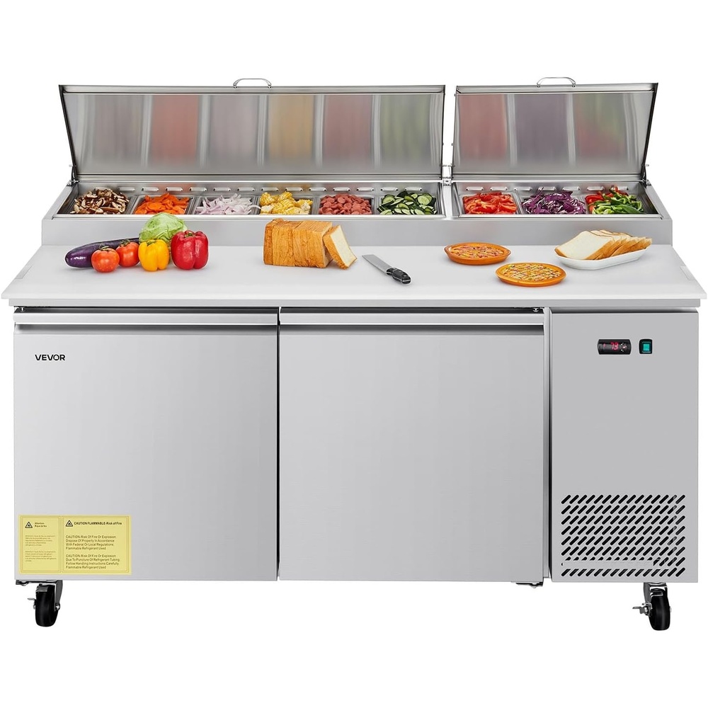 image:imageVEVOR 60 W Commercial Refrigerator 154 Cu Ft Sandwich Prep Refrigerated Table Mega Top Food Prep Fridge with 16 Pans Cutting Board Stainless Steel Salad Prep Cooler for Restaurant Food Truck67W Pizza Prep Refrigerator