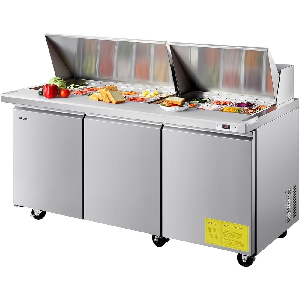 image:imageVEVOR 60W Commercial Refrigerator 154 Cu Ft Sandwich Prep Refrigerated Table Mega Top Food Prep Fridge with 24 Pans and Cutting Board Stainless Steel Salad Prep Cooler for Restaurant Food Truck72W with 30 Pans