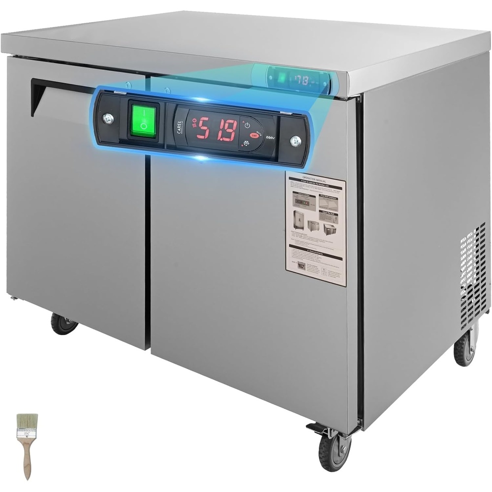 image:imageVEVOR 60W Commercial Refrigerator 154 Cu Ft Sandwich Prep Refrigerated Table Mega Top Food Prep Fridge with 24 Pans and Cutting Board Stainless Steel Salad Prep Cooler for Restaurant Food Truck48W Worktop Refrigerator