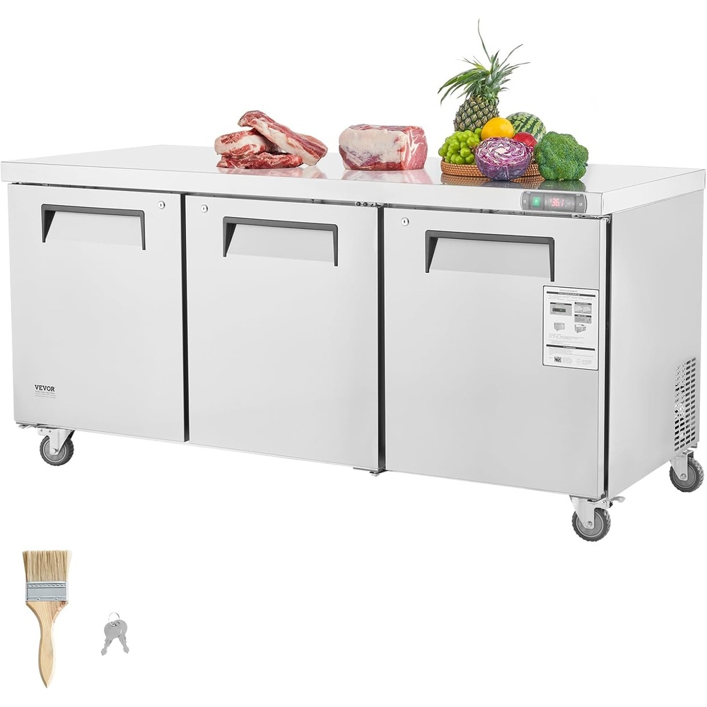 image:imageVEVOR 60W Commercial Refrigerator 154 Cu Ft Sandwich Prep Refrigerated Table Mega Top Food Prep Fridge with 24 Pans and Cutting Board Stainless Steel Salad Prep Cooler for Restaurant Food Truck72W Worktop Refrigerator