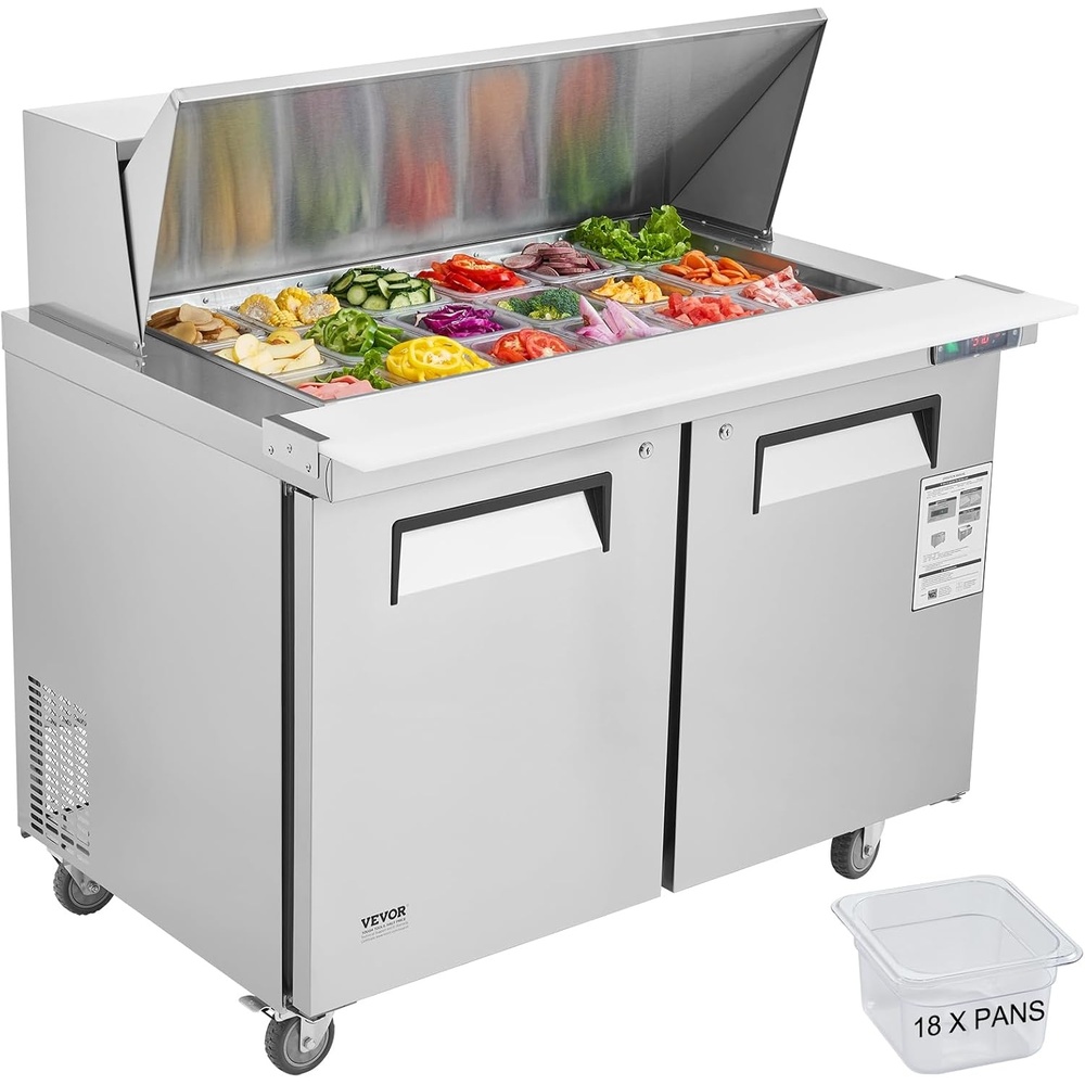 image:imageVEVOR 60W Commercial Refrigerator 154 Cu Ft Sandwich Prep Refrigerated Table Mega Top Food Prep Fridge with 24 Pans and Cutting Board Stainless Steel Salad Prep Cooler for Restaurant Food Truck48W with 18 Pans