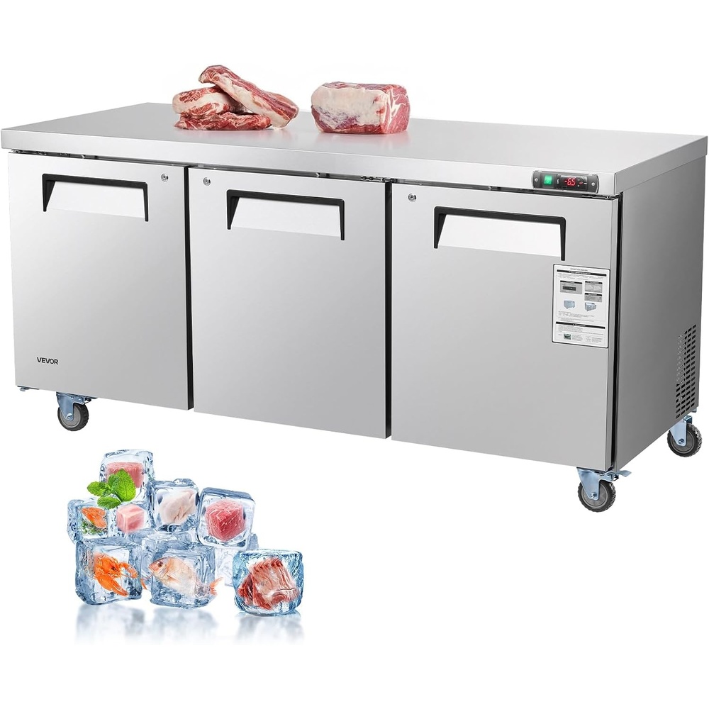 image:imageVEVOR 72 W Commercial Freezer 177 CuFt Worktop Freezers Undercounter with LED Auto Lighting and Lockable Door 3 Doors Food Freezing Prep Worktable Stainless Steel Prep Frozen Table with Casters