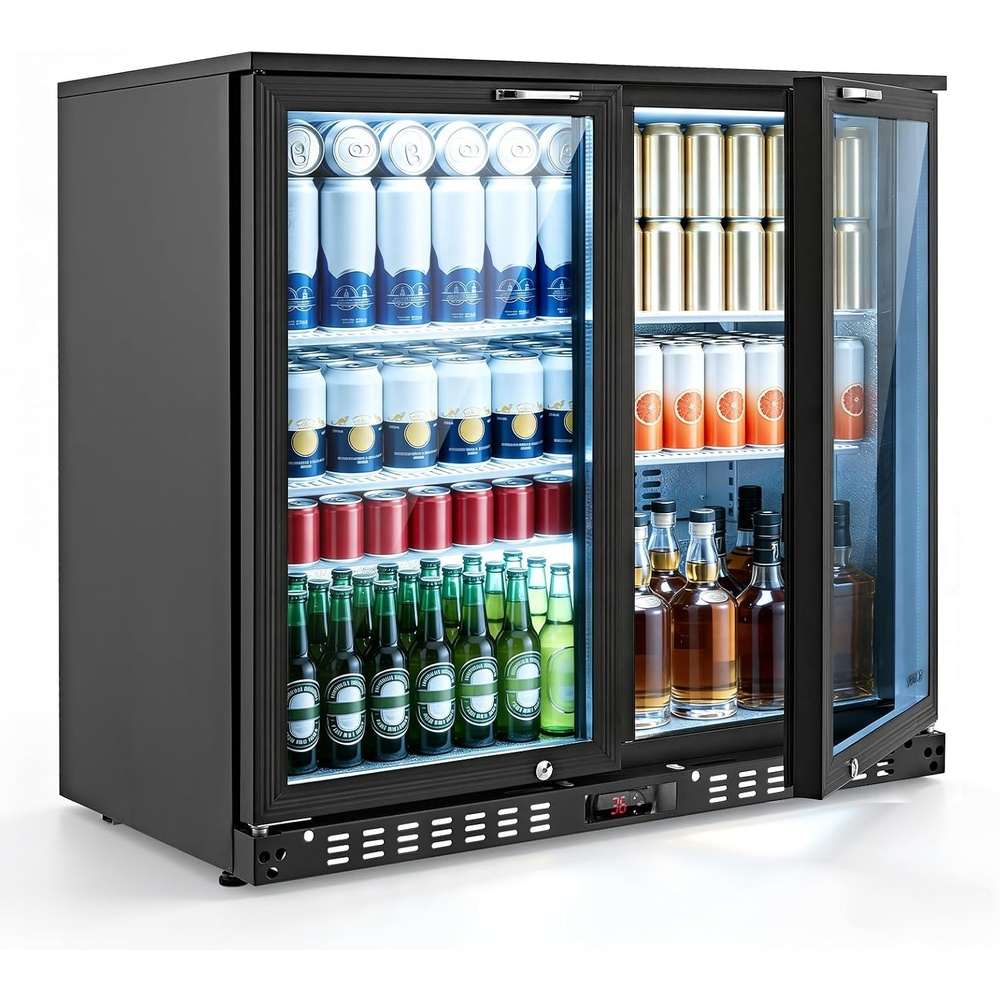 image:imageVEVOR Back Bar Cooler 74 Cu Ft Commercial Beverage Refrigerator Under Counter Bar Fridge with 2 Glass Doors LED Lighting Shelves LowE Glass Display Cooler for Beer Soda Wine Drinks35 x 20 x 33 in
