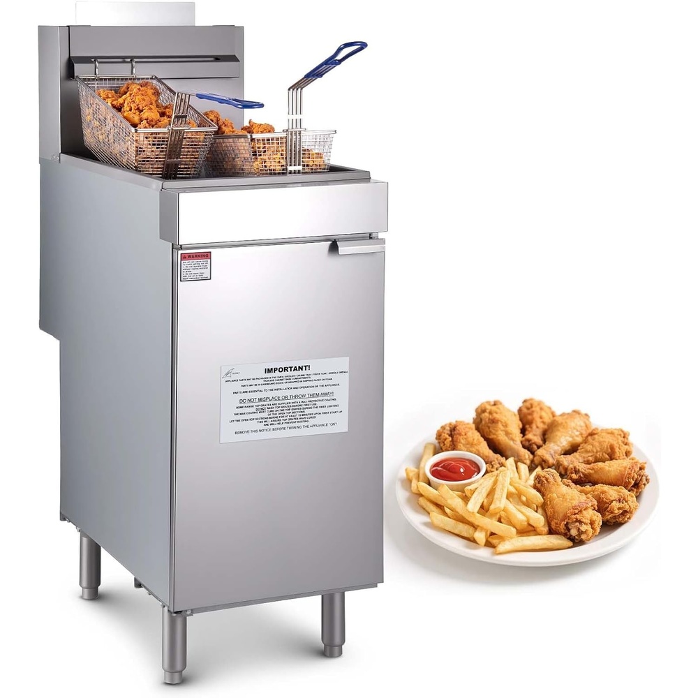 image:imageVEVOR Commercial Deep Fryer 3Burner Fryer for Restaurants Stainless Steel Floor Standing Deep Fryers with Dual Baskets and Adjustable Temperature Natural Gas Powered 40 lbs Capacity 90000 BTUPropane Powered