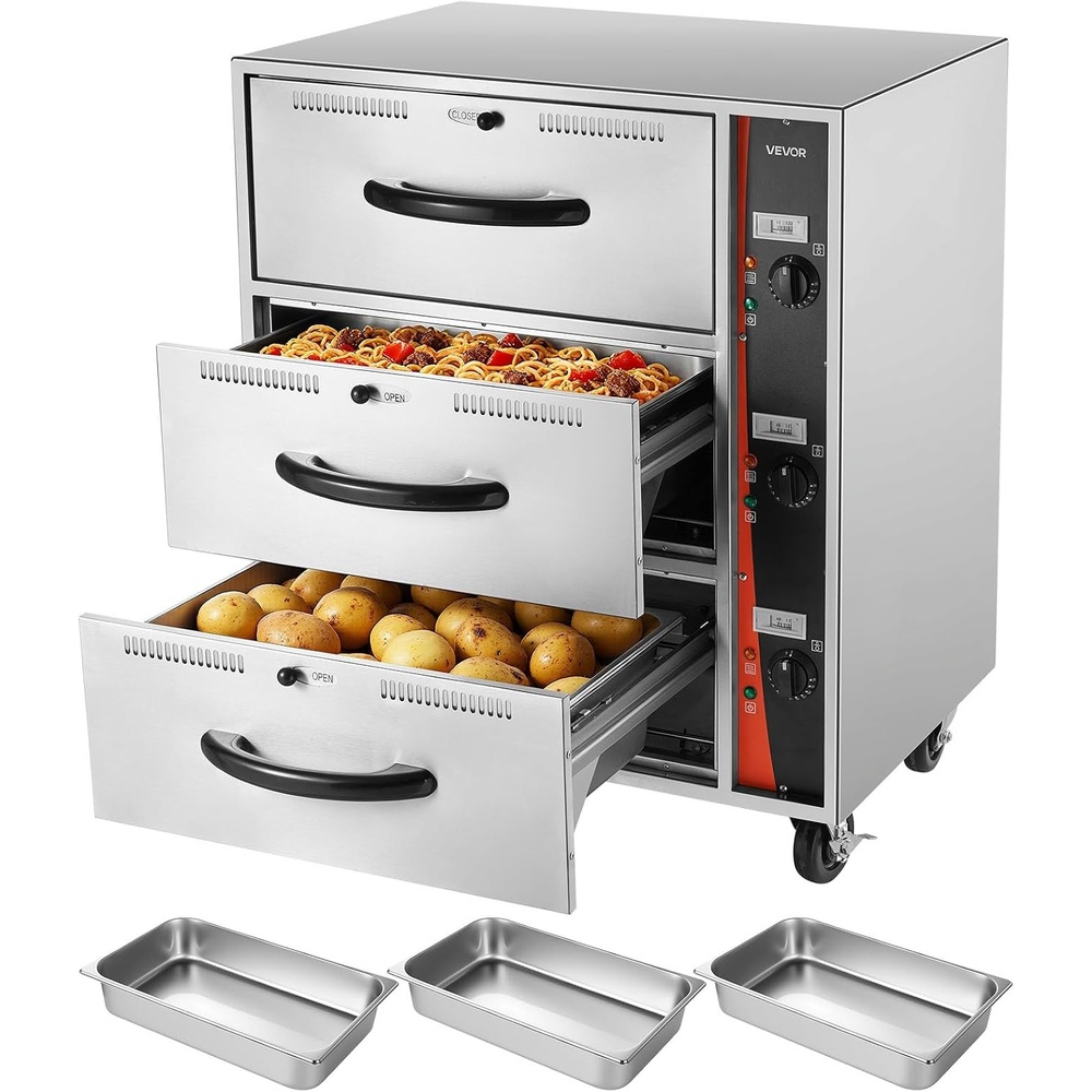 image:imageVEVOR Commercial Electric Drawer Warmer ThreeDrawer Stainless Steel Food Warmer Freestanding Standard Warming Drawer Cabinet 85F185F Wide Temperature Range for Restaurant Hotel Buffet Bakery2913 x 2343 x 3543 in
