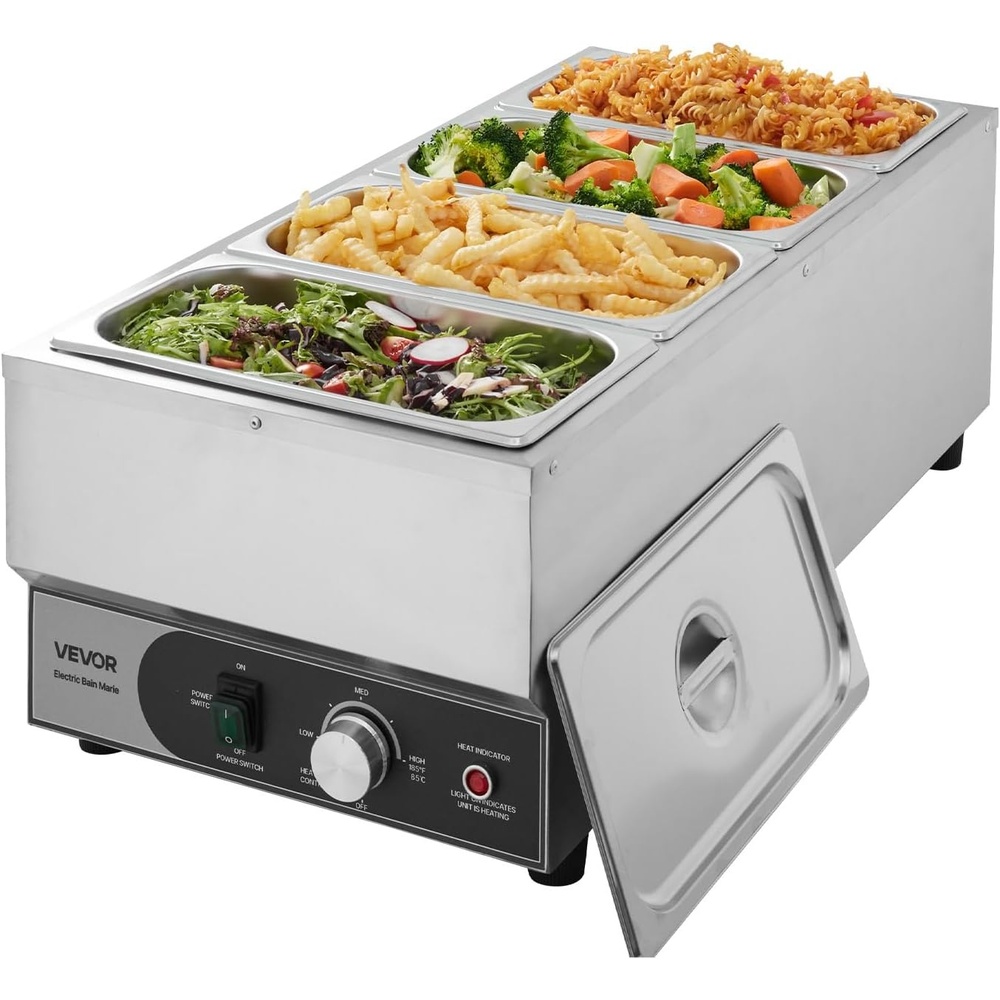 image:imageVEVOR Commercial Food Warmer 1500W Electric Stainless Steel Steam Food Warmer Fast Heating Countertop Buffet Bain Marie with Four 13 Size Food Pans for Catering Restaurants Parties amp Buffets2913 x 1398 x 1063 in