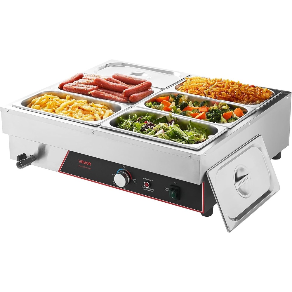 image:imageVEVOR Commercial Food Warmer 1500W Electric Stainless Steel Steam Food Warmer Fast Heating Countertop Buffet Bain Marie with Four 13 Size Food Pans for Catering Restaurants Parties amp Buffets613Pan