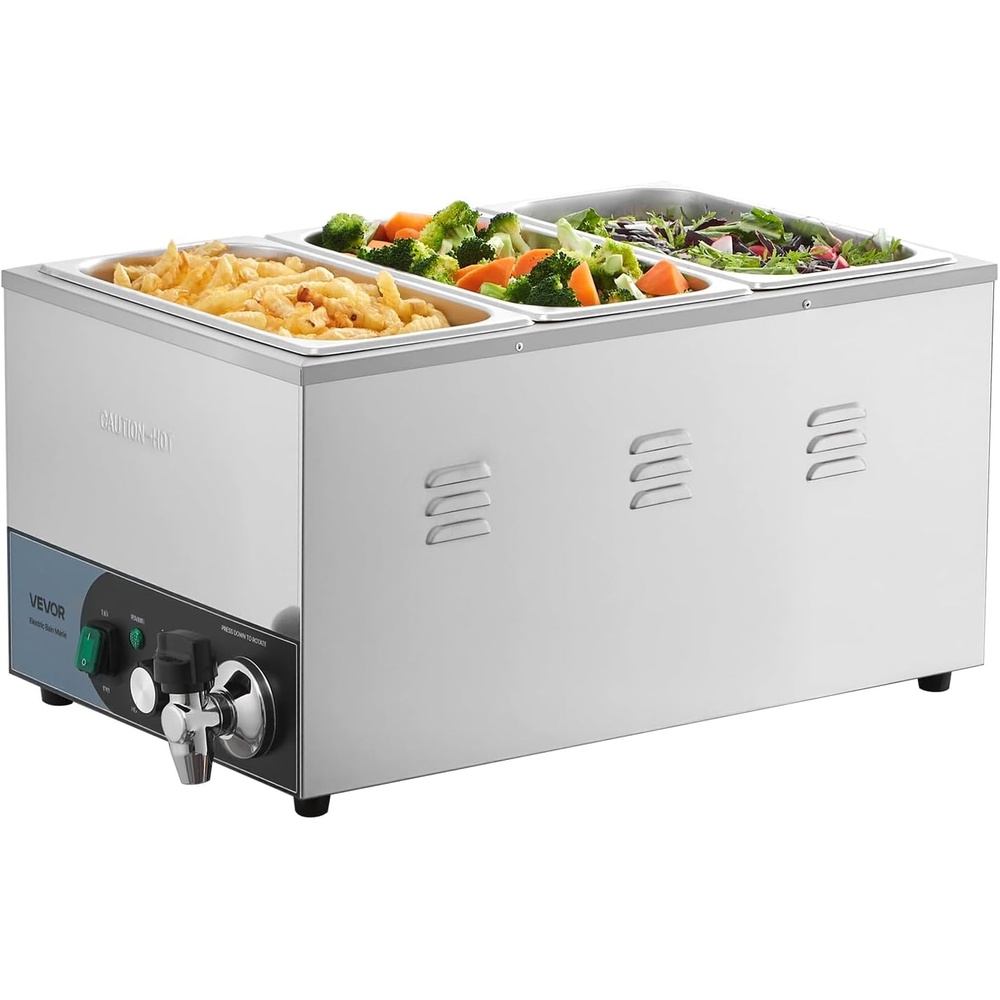 image:imageVEVOR Commercial Food Warmer 1500W Electric Stainless Steel Steam Food Warmer Fast Heating Countertop Buffet Bain Marie with Four 13 Size Food Pans for Catering Restaurants Parties amp Buffets313Pan20CM Depth