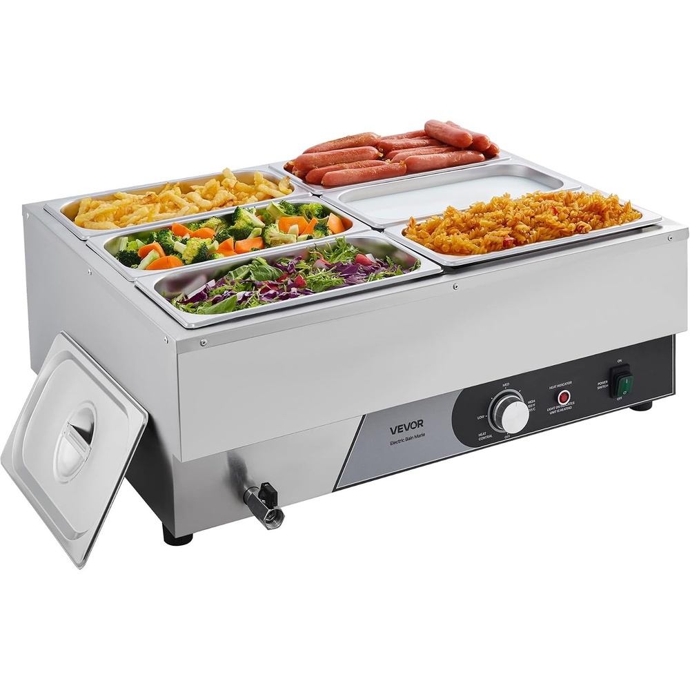 image:imageVEVOR Commercial Food Warmer 1500W Electric Stainless Steel Steam Food Warmer Fast Heating Countertop Buffet Bain Marie with Four 13 Size Food Pans for Catering Restaurants Parties amp Buffets613Pan15CM Depth