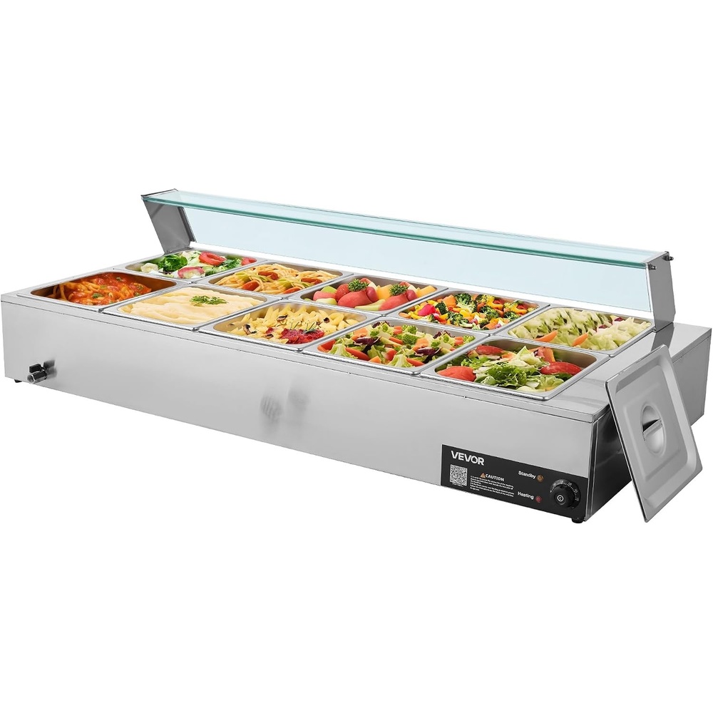 image:imageVEVOR Commercial Food Warmer 1500W Electric Stainless Steel Steam Food Warmer with Glass Cover 6 x 12 Size Pans Buffet Bain Marie with Soup amp Perforated Ladles for Catering Restaurant amp Party10x12Pan120QT