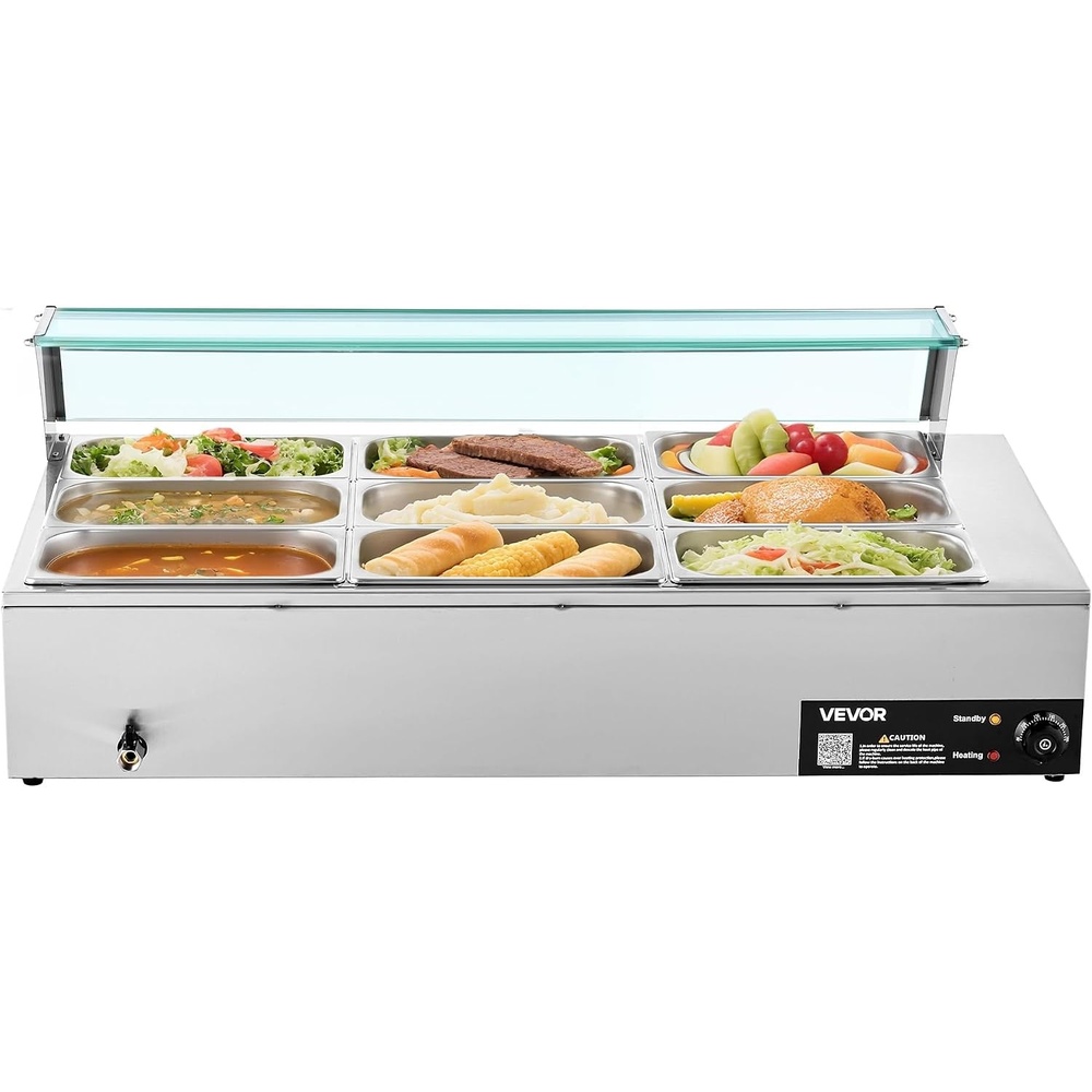 image:imageVEVOR Commercial Food Warmer 1500W Electric Stainless Steel Steam Food Warmer with Glass Cover 6 x 12 Size Pans Buffet Bain Marie with Soup amp Perforated Ladles for Catering Restaurant amp Party9x13Pan72QT