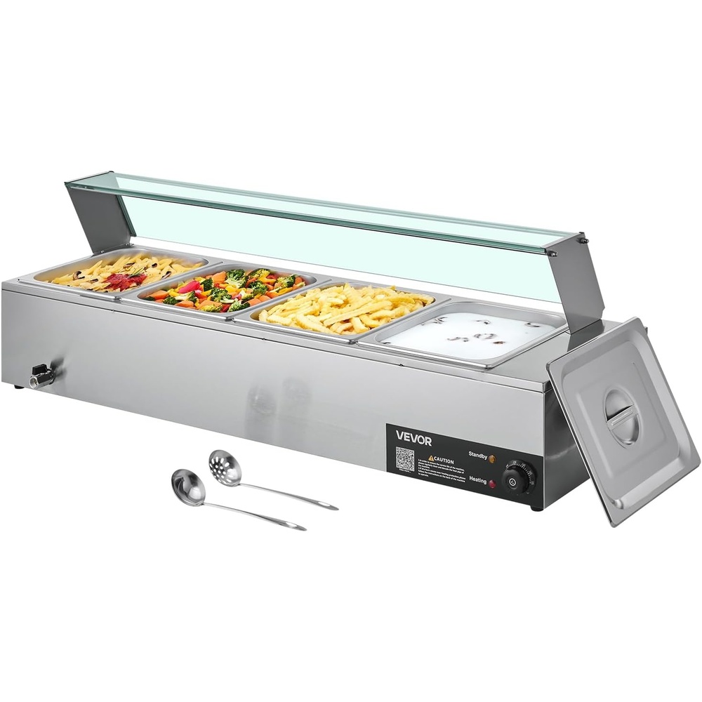 image:imageVEVOR Commercial Food Warmer 1500W Electric Stainless Steel Steam Food Warmer with Glass Cover 6 x 12 Size Pans Buffet Bain Marie with Soup amp Perforated Ladles for Catering Restaurant amp Party4x12Pan48QT