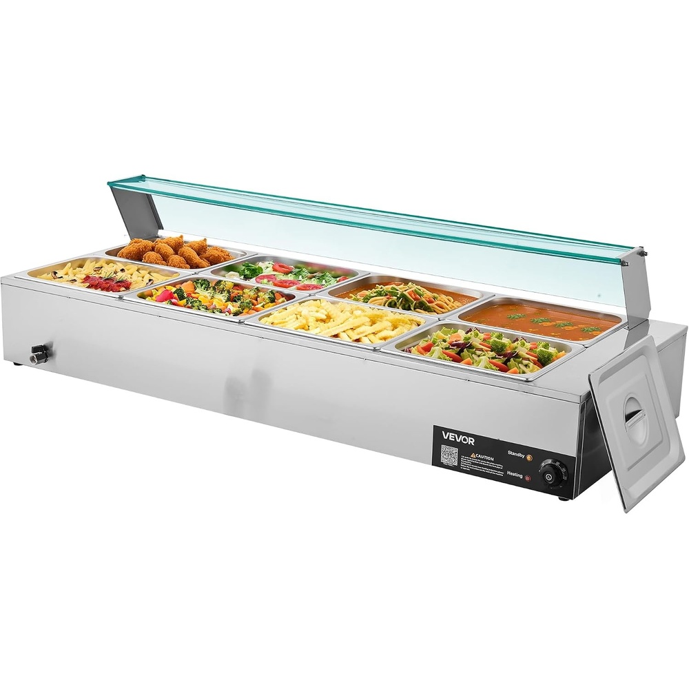 image:imageVEVOR Commercial Food Warmer 1500W Electric Stainless Steel Steam Food Warmer with Glass Cover 6 x 12 Size Pans Buffet Bain Marie with Soup amp Perforated Ladles for Catering Restaurant amp Party8x12Pan 96QT