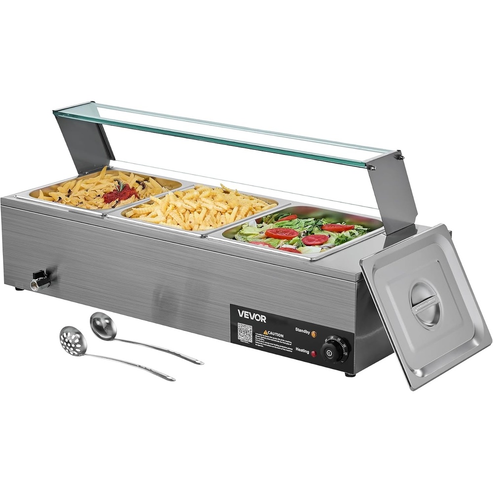 image:imageVEVOR Commercial Food Warmer 1500W Electric Stainless Steel Steam Food Warmer with Glass Cover 6 x 12 Size Pans Buffet Bain Marie with Soup amp Perforated Ladles for Catering Restaurant amp Party3622 x 1437 x 1516 in
