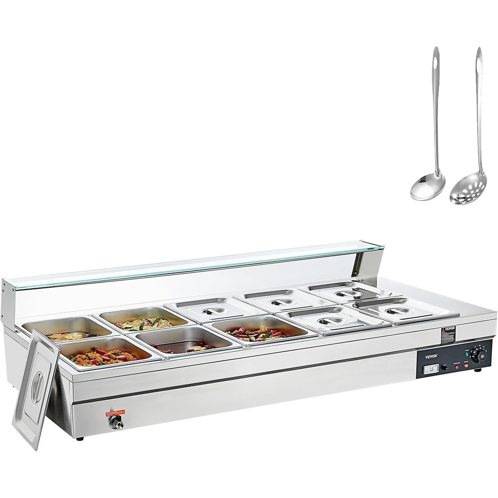 image:imageVEVOR Commercial Food Warmer 1500W Electric Stainless Steel Steam Food Warmer with Glass Cover 6 x 12 Size Pans Buffet Bain Marie with Soup amp Perforated Ladles for Catering Restaurant amp Party10Pan