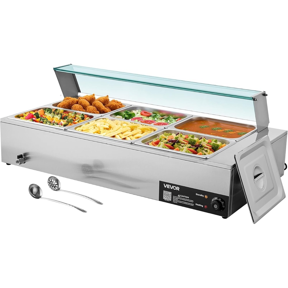 image:imageVEVOR Commercial Food Warmer 1500W Electric Stainless Steel Steam Food Warmer with Glass Cover 6 x 12 Size Pans Buffet Bain Marie with Soup amp Perforated Ladles for Catering Restaurant amp Party6x12Pan 72QT