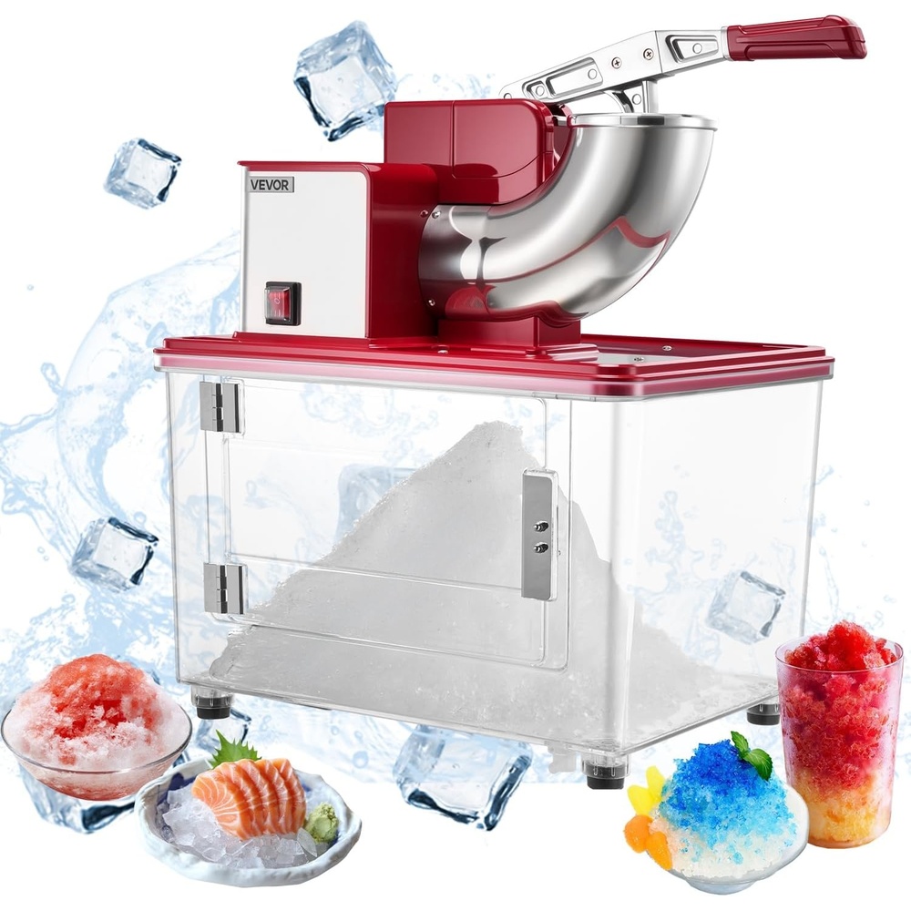 image:imageVEVOR Commercial Ice Crusher 661LBSH 350W Electric Snow Cone Machine with 4 Blades 2000RPM Stainless Steel Shaved Ice Machine with 11 Gal CrushedIce Box for Family Restaurants Bars SilverRed