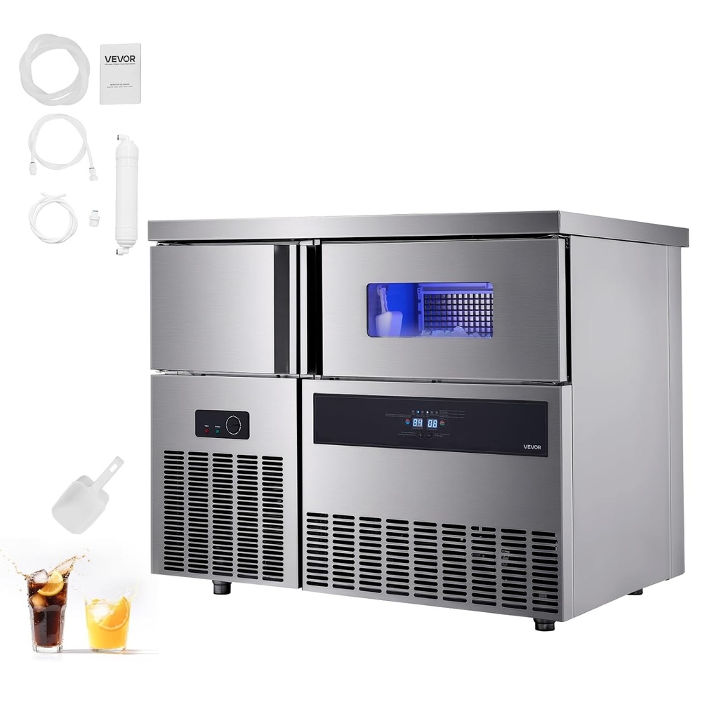 image:imageVEVOR Commercial Ice Maker Machine 220 lbs24H Stainless Steel Ice Machine with Worktop 66 lbs Storage amp 108 CubesCycle SelfCleaning Freestanding IceMaking for Home Bar Office Restaurant Kitchen330 lbs24H without sink