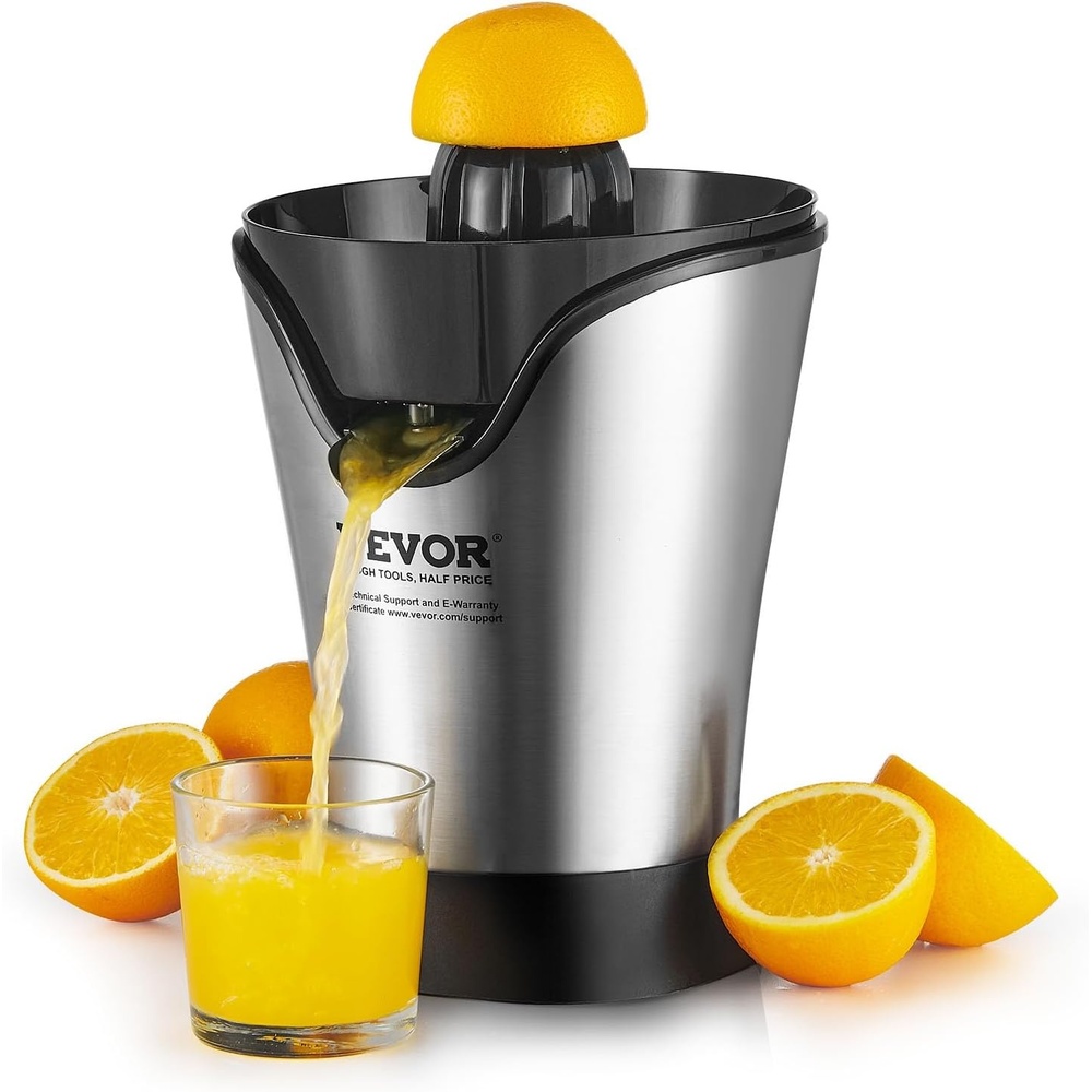 image:imageVEVOR Commercial Orange Juicer Machine 120W Automatic Juice Extractor Stainless Steel Orange Squeezer for 20 Oranges Per Minute with PullOut Filter Box PC Cover 2 Peel Collecting BucketsBlackSilver