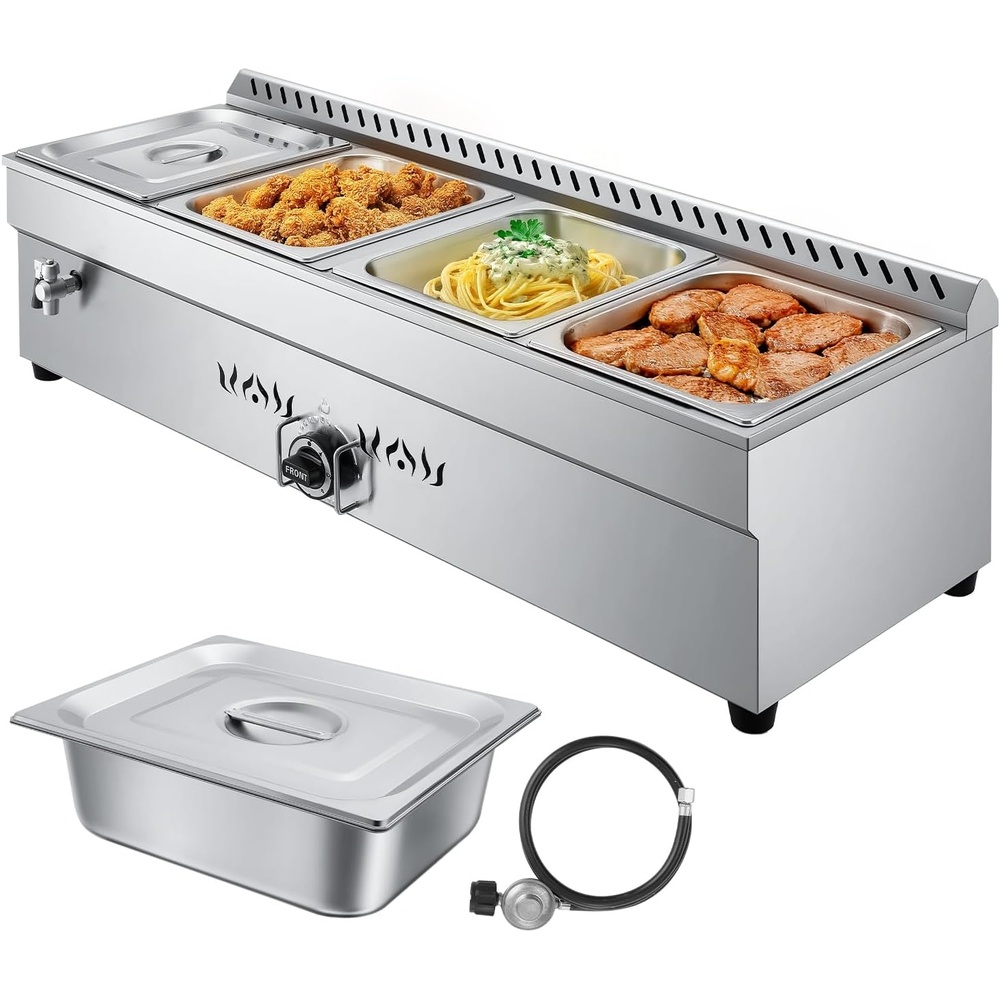 image:imageVEVOR Commercial Propane Steam Table 5 Food Pans amp 3 Condiment Pans LP Gas Outdoor Soup Warmer with Drain Valve and 3 Wheels Stainless Steel Propane Food Warmer with Adjustable Temp for Outdoor412 Pan48QT