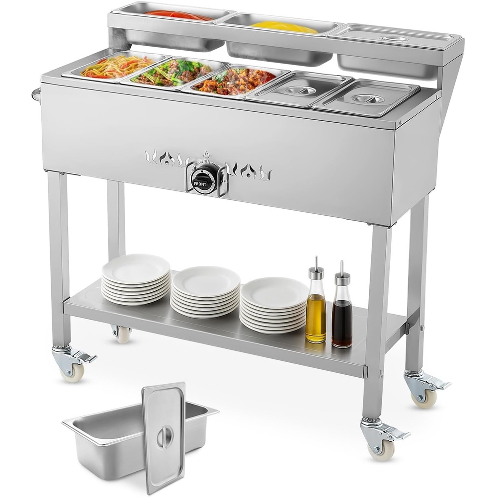 image:imageVEVOR Commercial Propane Steam Table 5 Food Pans amp 3 Condiment Pans LP Gas Outdoor Soup Warmer with Drain Valve and 3 Wheels Stainless Steel Propane Food Warmer with Adjustable Temp for Outdoor513 Pan40QT