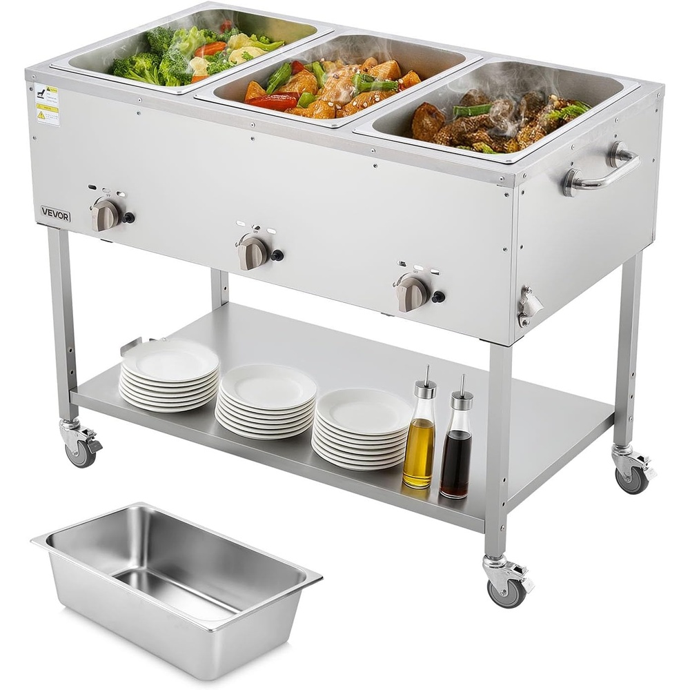 image:imageVEVOR Commercial Propane Steam Table 5 Food Pans amp 3 Condiment Pans LP Gas Outdoor Soup Warmer with Drain Valve and 3 Wheels Stainless Steel Propane Food Warmer with Adjustable Temp for Outdoor311 Pan72QT