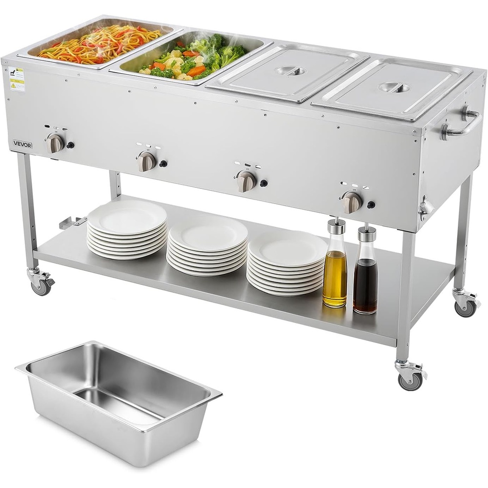 image:imageVEVOR Commercial Propane Steam Table 5 Food Pans amp 3 Condiment Pans LP Gas Outdoor Soup Warmer with Drain Valve and 3 Wheels Stainless Steel Propane Food Warmer with Adjustable Temp for Outdoor411 Pan96QT