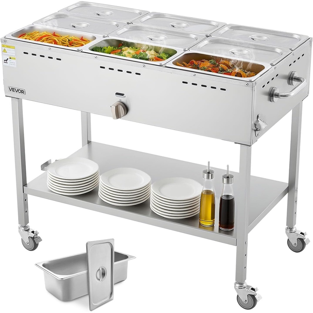 image:imageVEVOR Commercial Propane Steam Table 5 Food Pans amp 3 Condiment Pans LP Gas Outdoor Soup Warmer with Drain Valve and 3 Wheels Stainless Steel Propane Food Warmer with Adjustable Temp for Outdoor913 Pan72QT