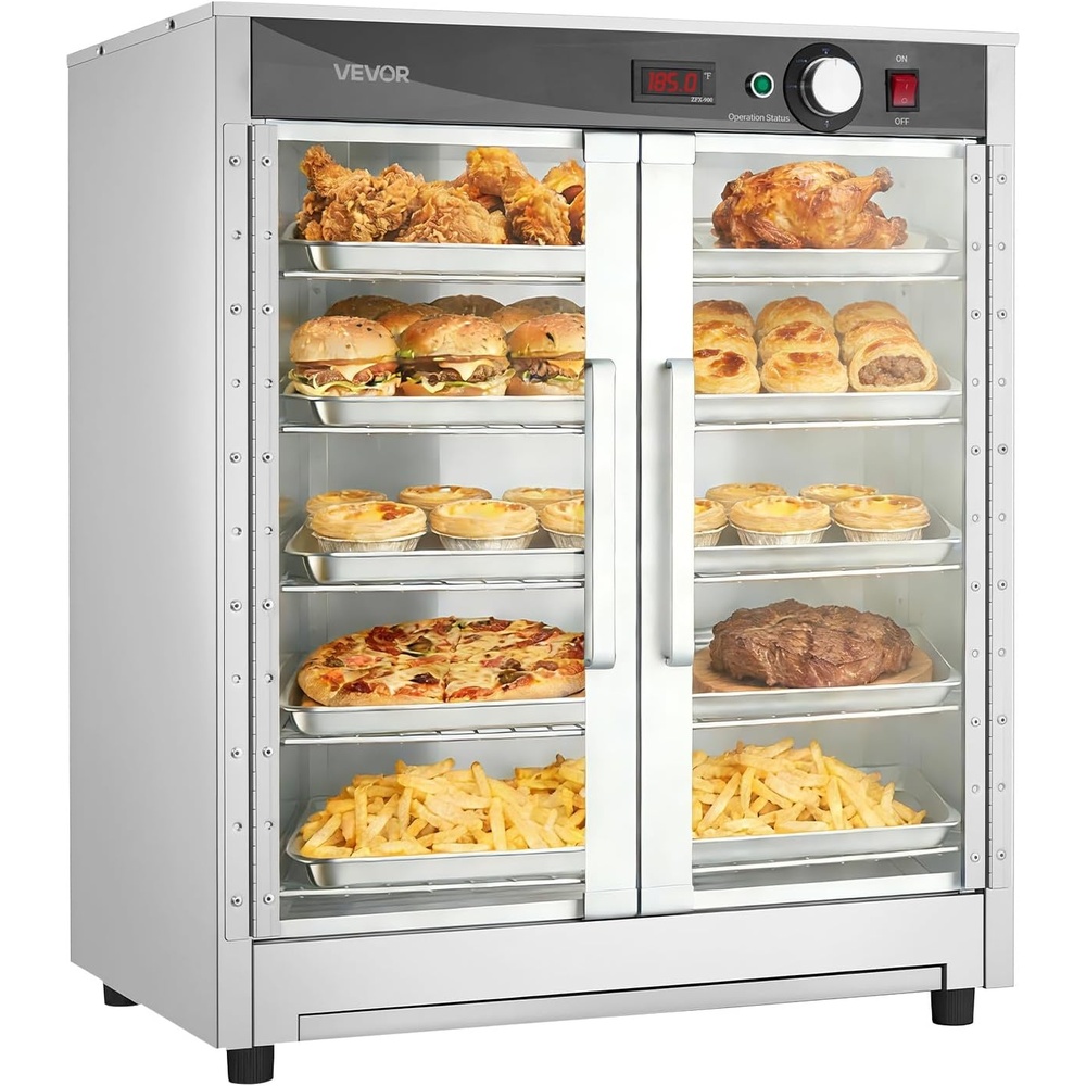 image:imageVEVOR Electric Hot Box Food Warmer 4Tier Commercial Warming Cabinet with Water Tray DoubleDoor and Adjustable Shelves Stainless Steel Food Warmer Cabinet for Restaurant Kitchen Pizza Chicken5 Tier2 Transparent Doors