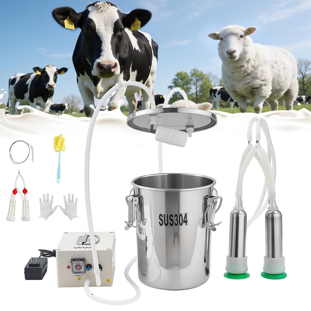 image:imageVEVOR Goat Milking Machine 18 Gal 7 L FoodGrade Stainless Steel Bucket 4 Teat Cups for Cows and Goats with 8000 mAh Rechargeable Battery Electric Pulsation Milking Machine Portable Milker