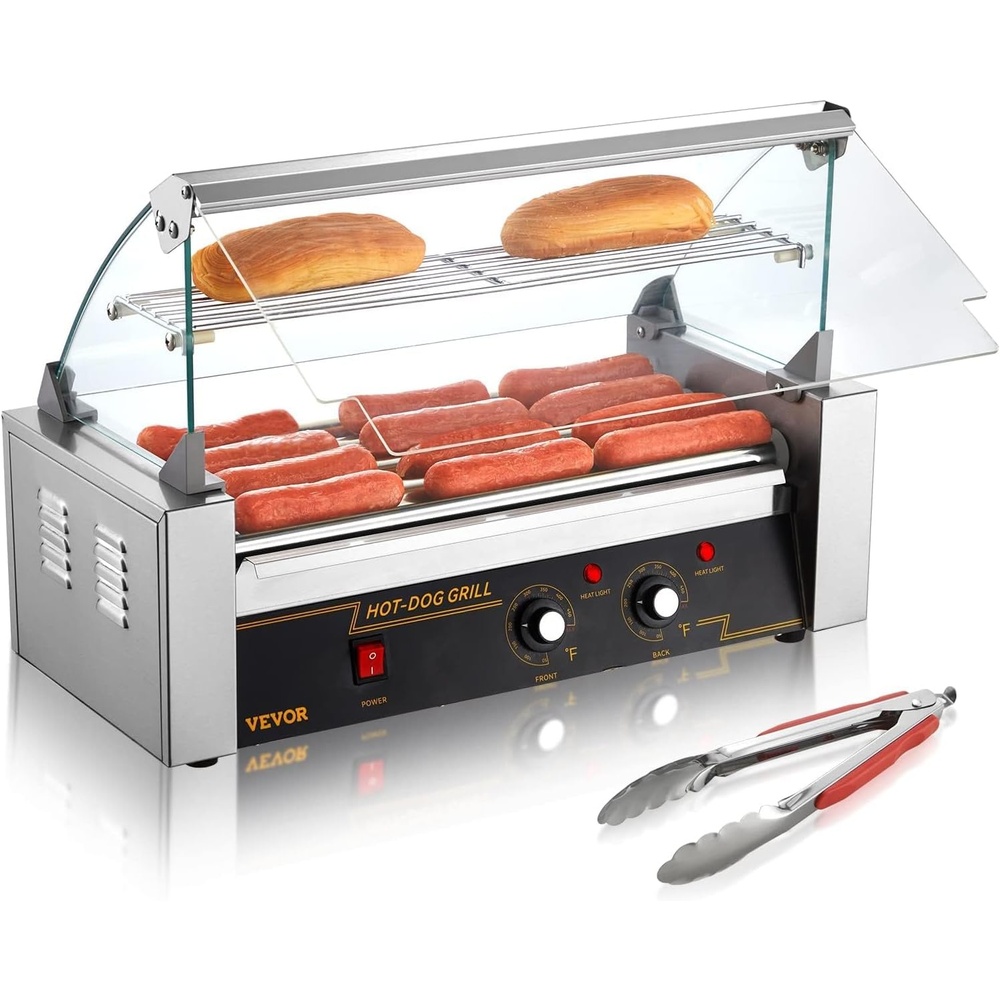 image:imageVEVOR Hot Dog Roller 5 Rollers 12 Hot Dogs Capacity 750W Stainless Sausage Grill Cooker Machine with Dual Temp Control Glass Hood Acrylic Cover Bun Warmer Shelf Removable Oil Drip Tray ETL Certified5 RollersCover