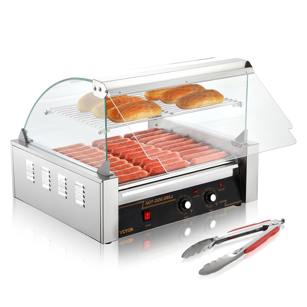 image:imageVEVOR Hot Dog Roller 5 Rollers 12 Hot Dogs Capacity 750W Stainless Sausage Grill Cooker Machine with Dual Temp Control Glass Hood Acrylic Cover Bun Warmer Shelf Removable Oil Drip Tray ETL Certified11 Roller