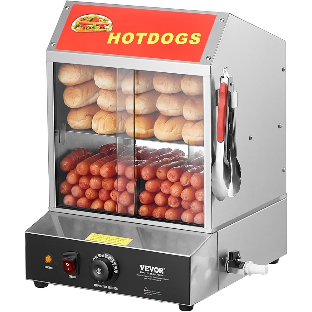 image:imageVEVOR Hot Dog Steamer 285QT 2Tier Hot Dog Hut Steamer 86185 Temperature Control Electric Bun Warmer with Tempered Glass Slide Doors Partition Plate Tong Stainless Steel for Hot Dogs amp Buns Electric Bun Warmer with Tempered Glass Slide Doors Partition Plate Tong Stainless Steel for Hot Dogs amp Buns