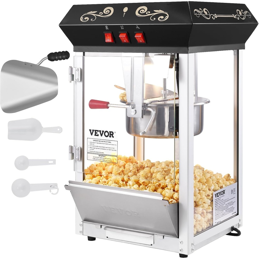 image:imageVEVOR Popcorn Maker 850W Popcorn Popper Machine 8 Oz Kettle Makes 48 Cups per Batch Countertop Popcorn Maker with Tempered Glass Includes 4 Scoops Movie Theater Style Black8OZ