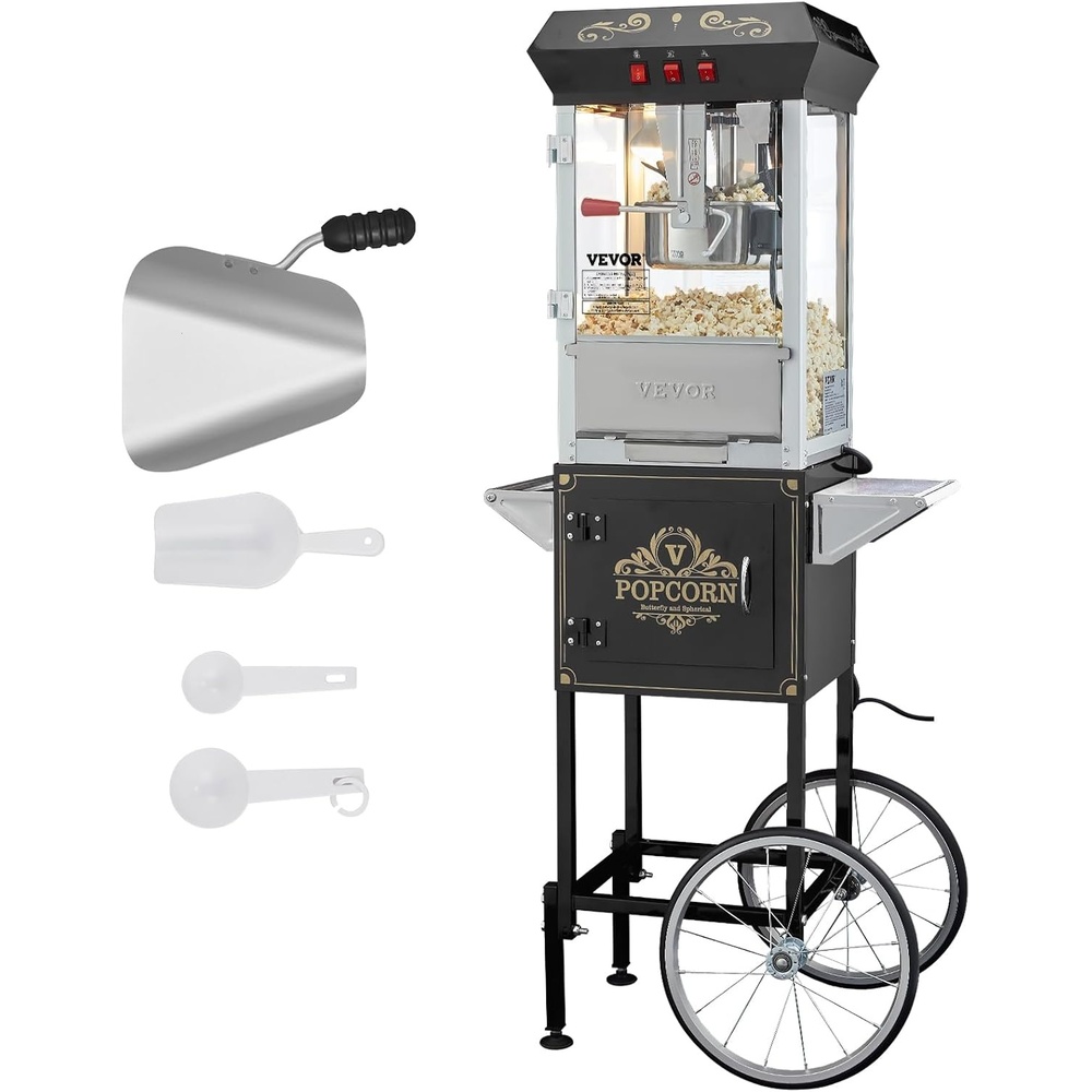 image:imageVEVOR Popcorn Maker 850W Popcorn Popper Machine 8 Oz Kettle Makes 48 Cups per Batch Countertop Popcorn Maker with Tempered Glass Includes 4 Scoops Movie Theater Style Black8OZ with Cart