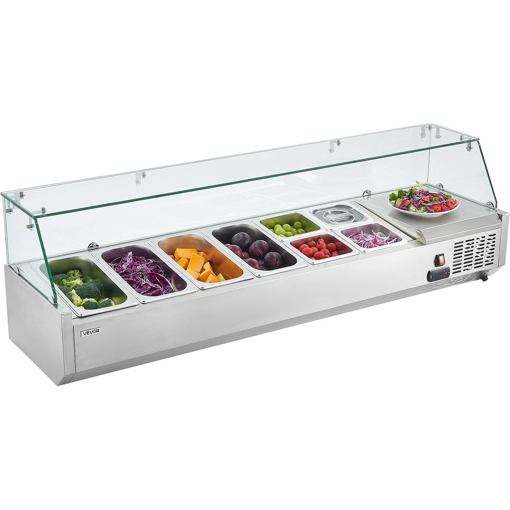 image:imageVEVOR Refrigerated Condiment Prep Station 140 W Countertop Refrigerated Condiment Station with Five 13 Pans amp Four 16 Pans 304 Stainless Body and PC Lid Sandwich Prep Table with Stainless GuardNew Glass 60 in