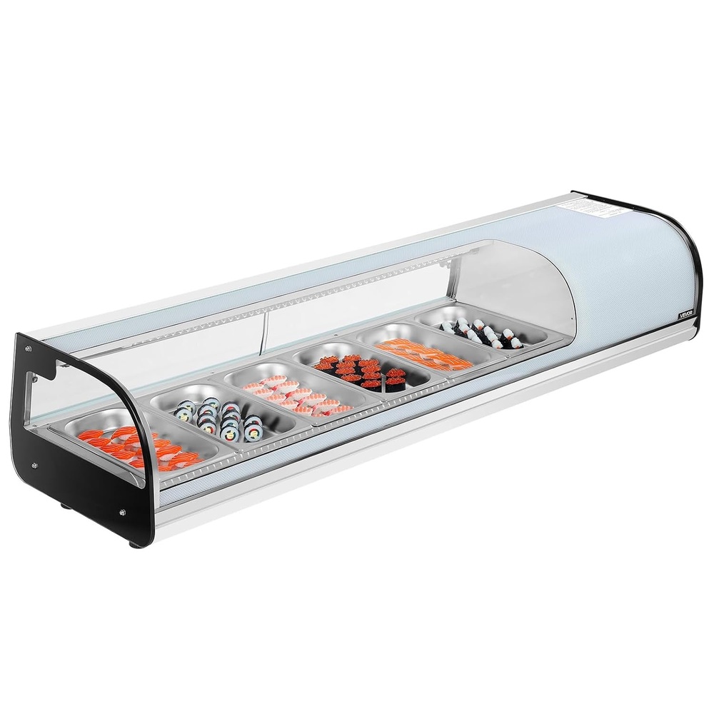 image:imageVEVOR Sushi Display Case Refrigerator 22 Cuft Commercial Sushi Case 6Pan Countertop Showcase with Curved Glass LED Lighting and Digital Temperature Control for SushiBar Restaurant Store