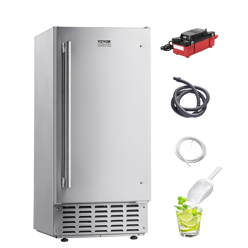 image:imageVEVOR Undercounter Builtin Ice Maker 15 LbsDay Under Counter Ice Maker Machine with Reversible Door Stainless Steel Freestanding Ice Maker for Commercial Home Kitchen No Drain RequiredNugget Ice with Drain