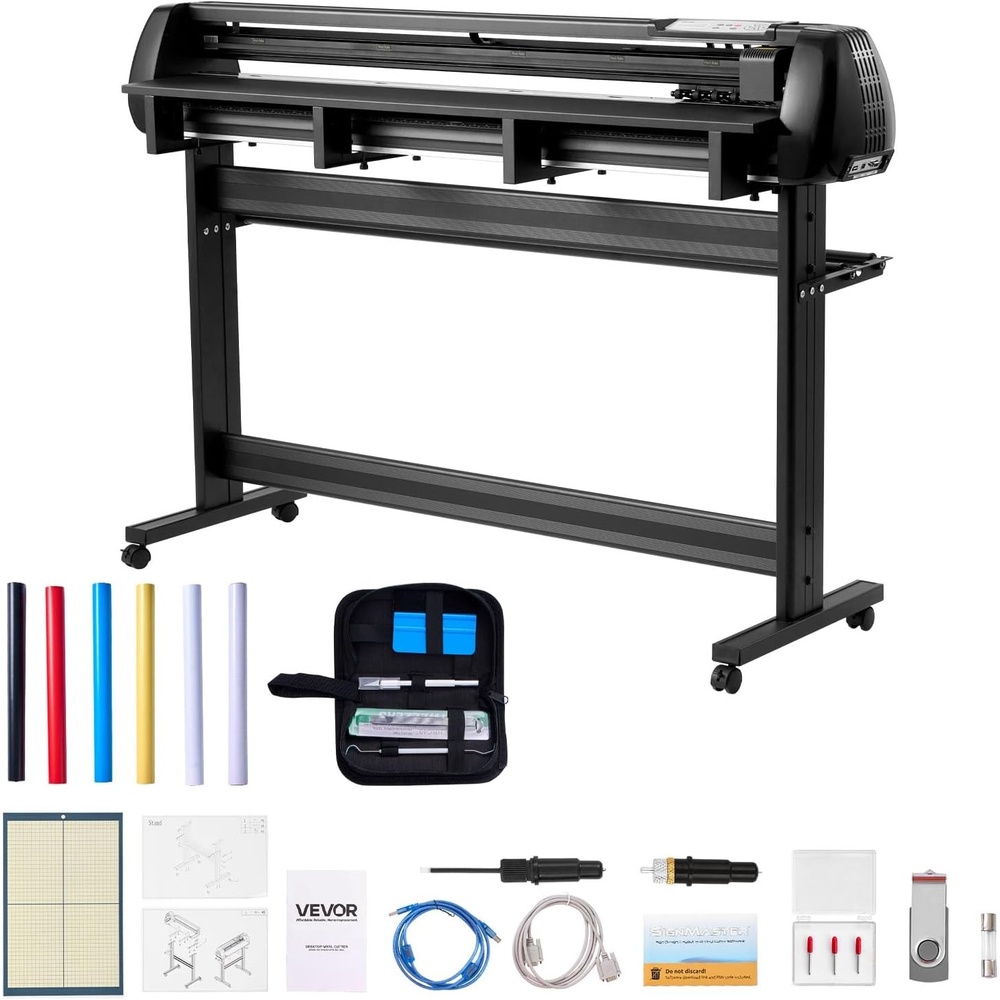 image:imageVEVOR Vinyl Cutter Machine 53 inch Max Feed Width Dual Blades Adjustable Force and Speed LED Display Vinyl Plotter Cutter Printer Bundle with Sticker Sheets Transfer Film Signmaster Software
